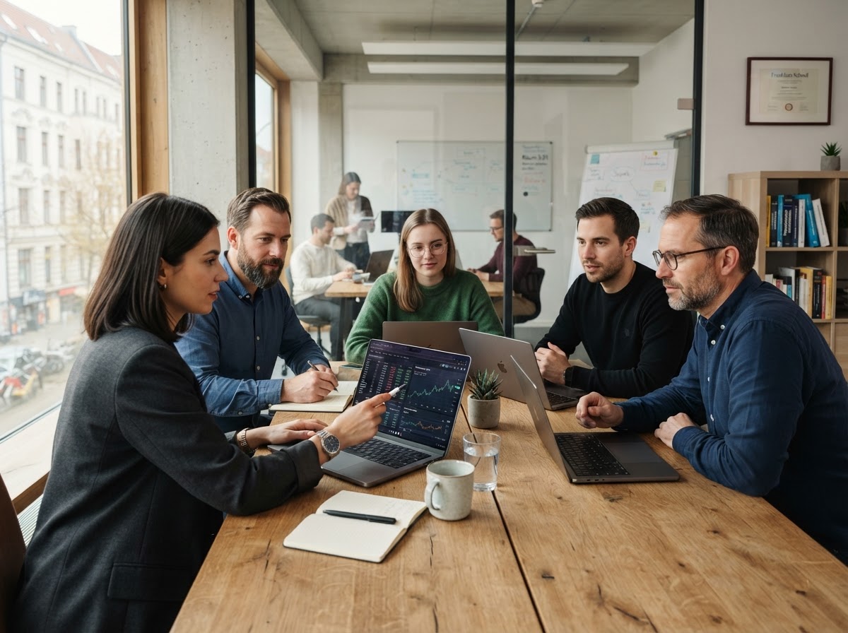 Crypto Connect team reviewing financial data analysis